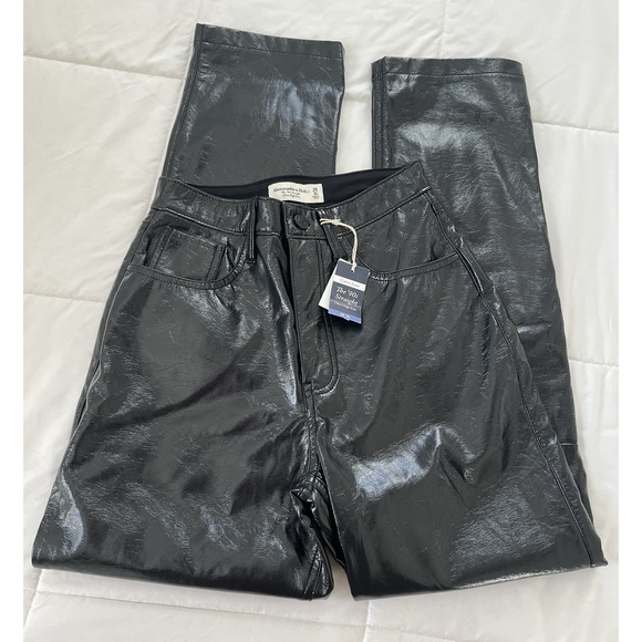 Abercrombie & Fitch Denim - Abercrombie & Fitch 90's Straight Ultra High Rise Vegan Leather Pants Blue Shiny